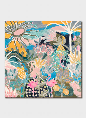 A bright abstract artwork ain pinks and blues.