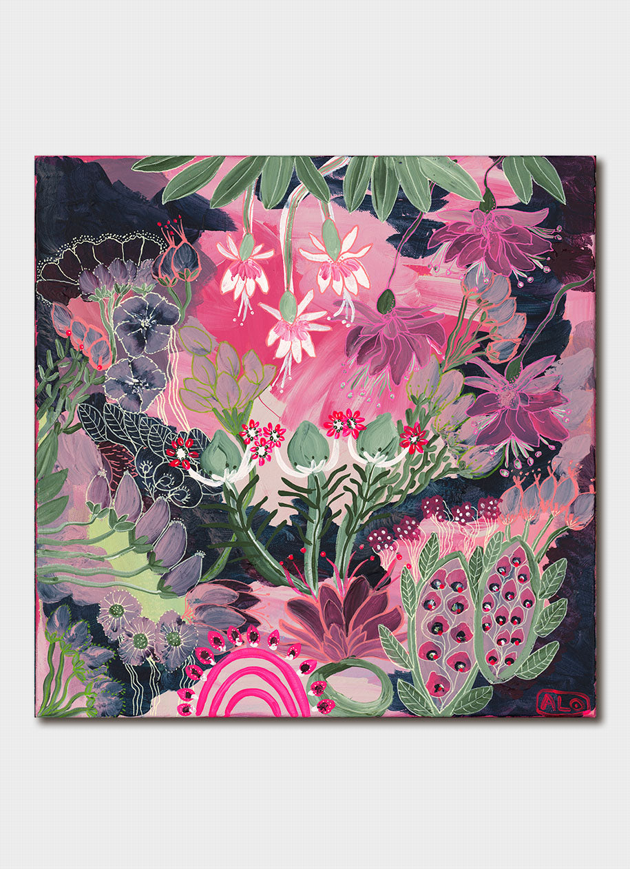 A bright abstract artwork ain pinks and black.