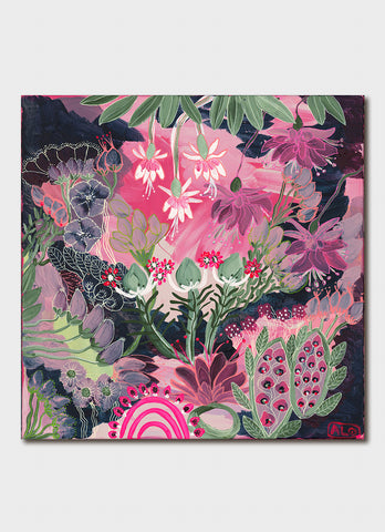 A bright abstract artwork ain pinks and black.