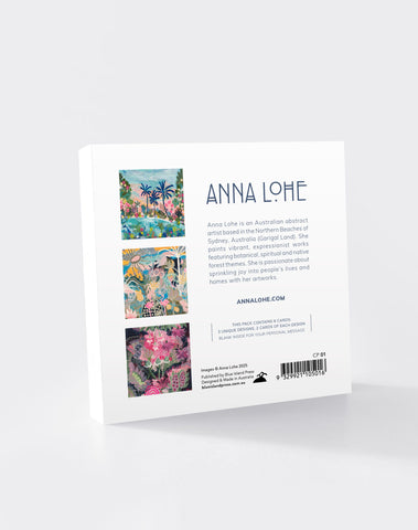 The back of a card pack with 3 images of bright abstract artworks and some wording.