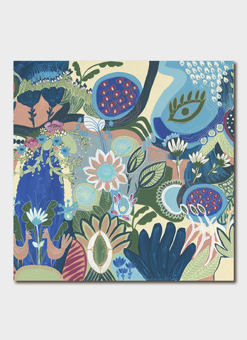 A colourful artwork in blues and greens.