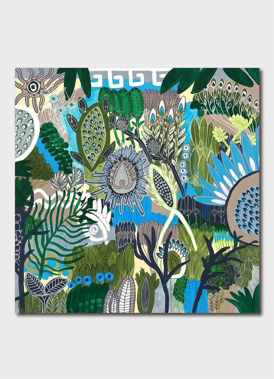 A colourful artwork in blues and greens.