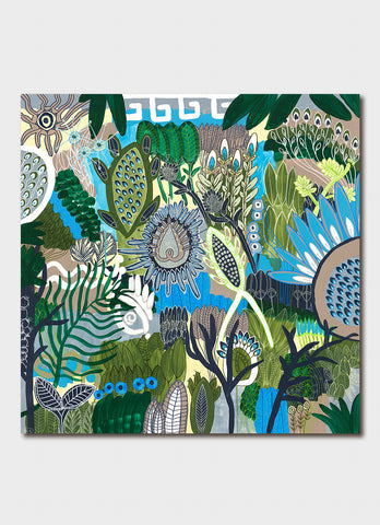 A colourful artwork in blues and greens.