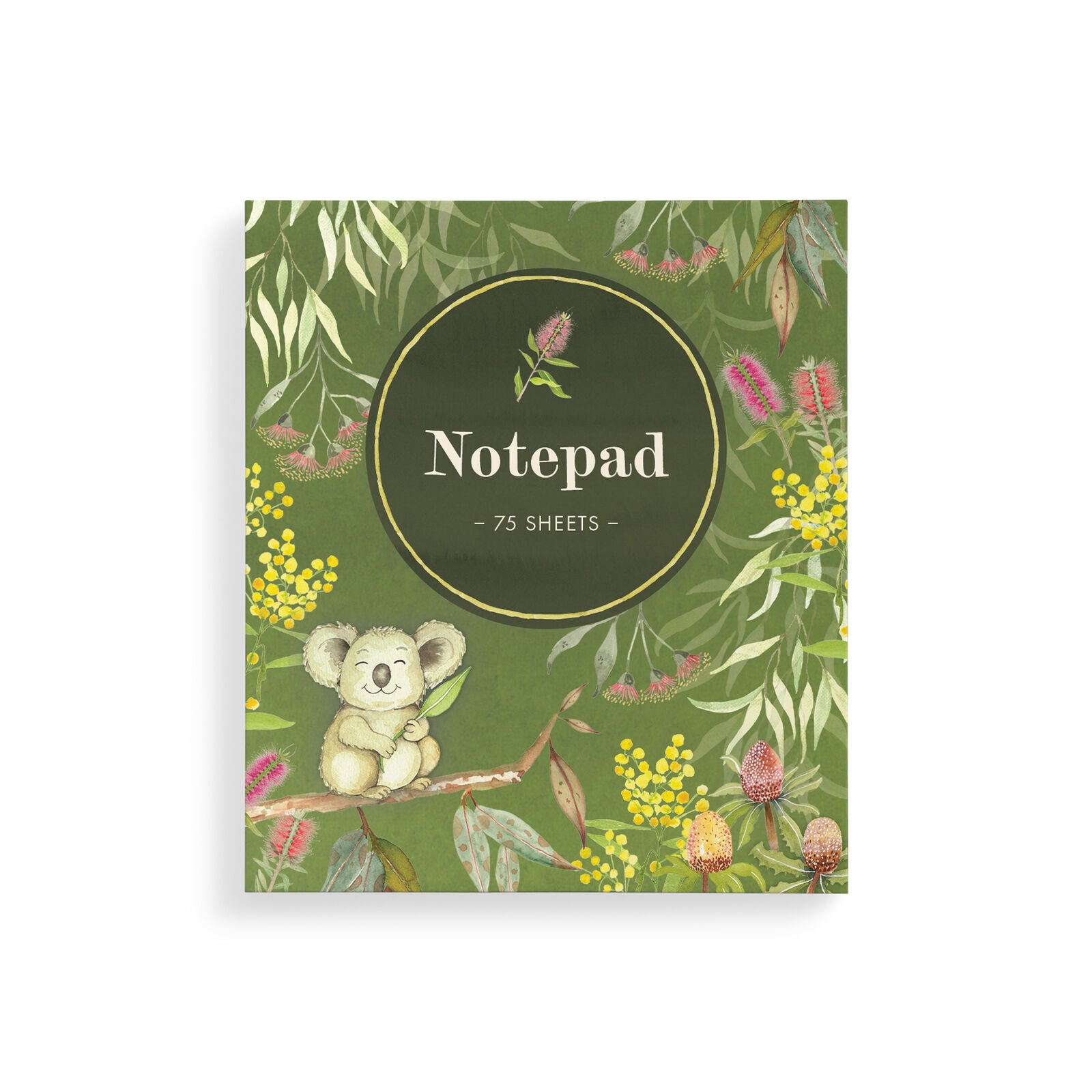 A small square notepad with a smiling koala sitting in a tree on a green background