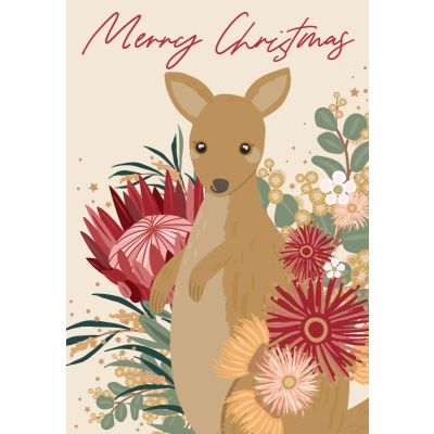 A card with a brown kangaroos and red flowers on a cream background.