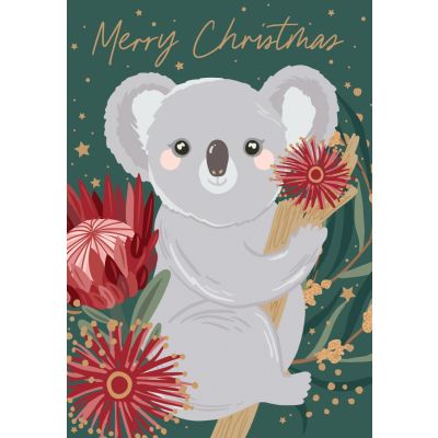 Card with a grey koala and bright flowers on a green background.