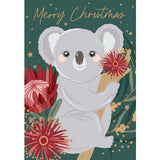 Card with a grey koala and bright flowers on a green background.