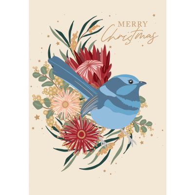 A blue wren on a beige background with red and pink flowers.