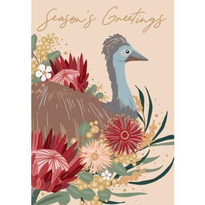A Christmas card with an emu and flowers on a cream background.