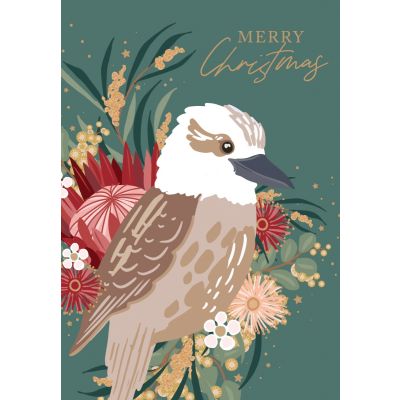A green card with a brown and white bird among native flowers.