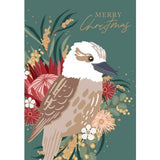 A green card with a brown and white bird among native flowers.
