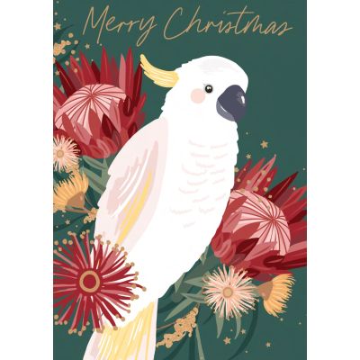 A green card with a white bird with yellow features on a green background with pink and red flowers.