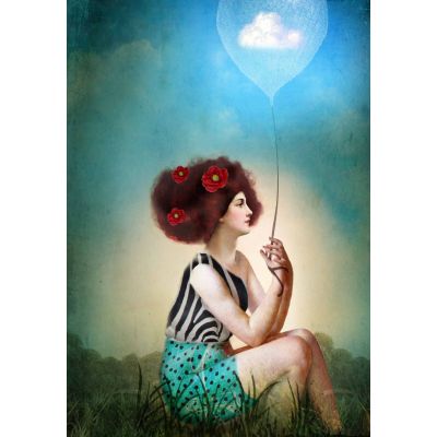 Catrin Welz-Stein art card - Treasured Memories a girl holding a balloon with flowers in her hair.