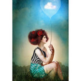 Catrin Welz-Stein art card - Treasured Memories a girl holding a balloon with flowers in her hair.
