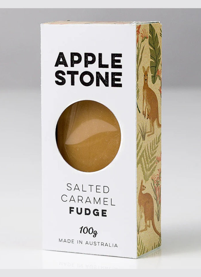 Box of Apple Stone salted caramel fudge with kangaroo illustration on a gray background