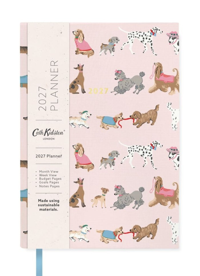 Front cover of Cath Kidston diary with dogs on a pink background