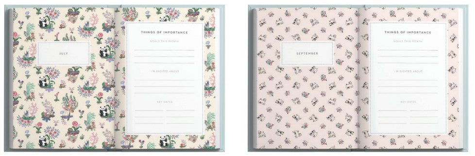 Inside pages of Cath Kidston diary with decorated pages.