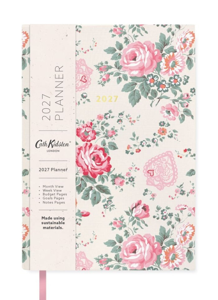 Cover of Cath Kidston Hackney Rose diary with pink roses and hearts on cream