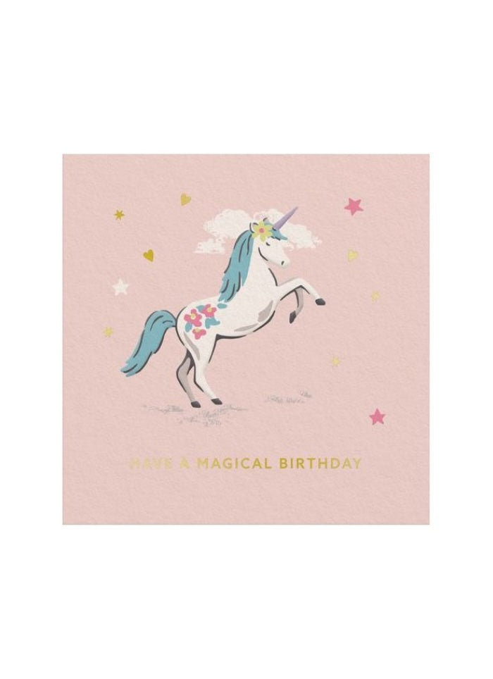 A unicorn with a blue mane on a pink background with the words Have a Magical Birthday in gold lettering