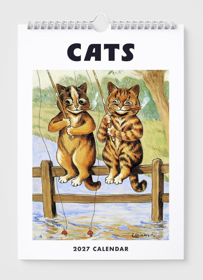 2027 calendar with illustration of two cats fishing on a wooden bridge.