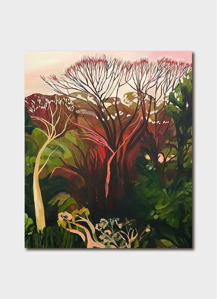 An image of trees in red and green colours
