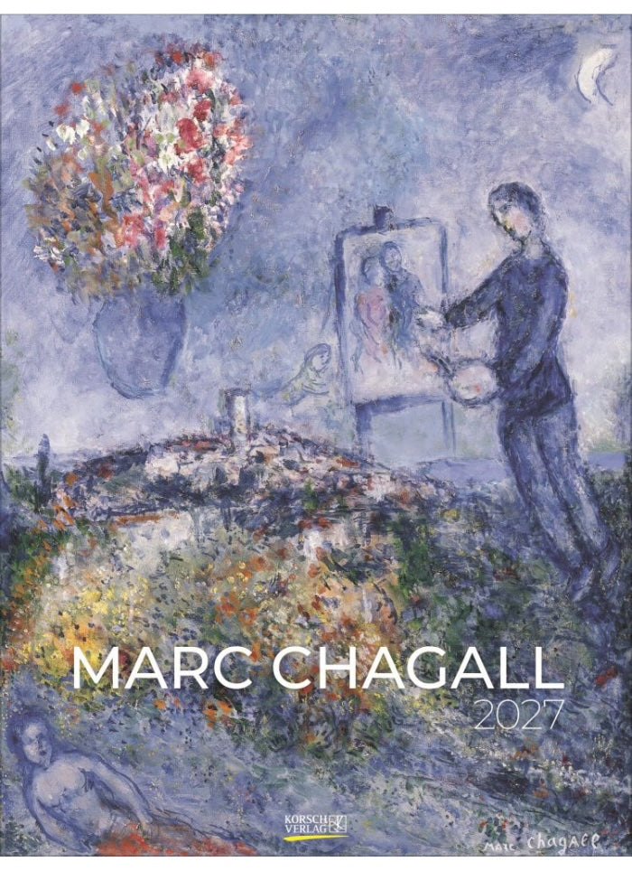 Marc Chagall 2027 calendar cover with artistic depiction of a man painting a landscape.