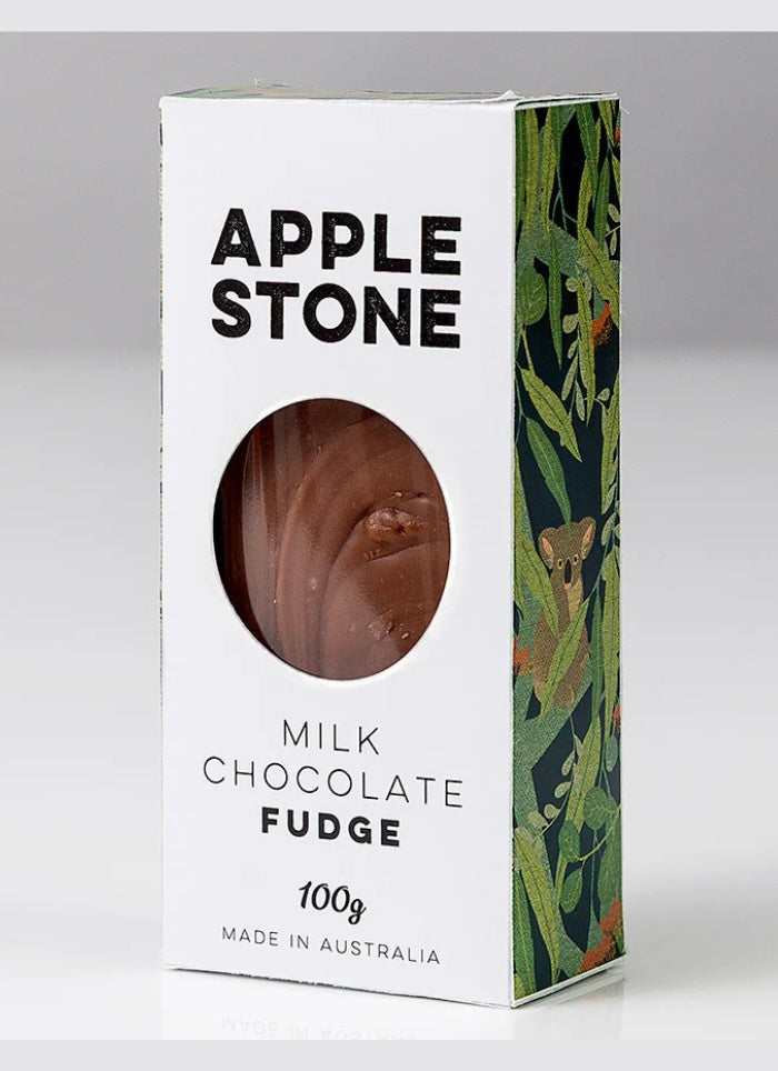 Box of Apple Stone milk chocolate fudge with a clear window showing the product.