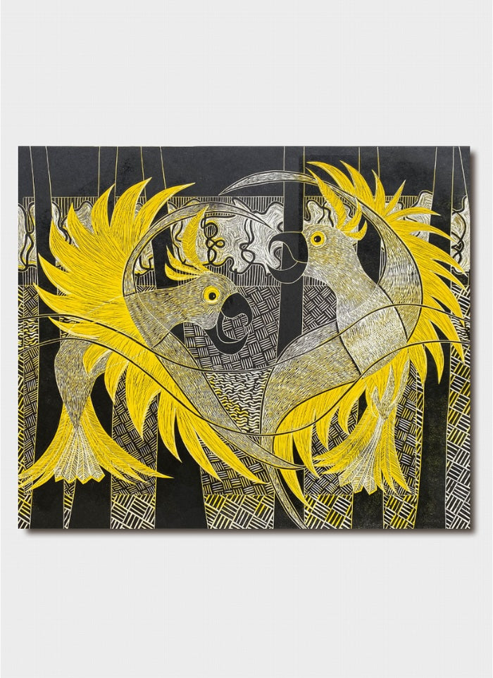 Abstract artwork with yellow feathers and geometric patterns on a black background