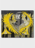 Abstract artwork with yellow feathers and geometric patterns on a black background