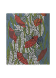 A card featuring an illustrated scene with red lossoms, green leave, and a white cockatoo on a muted blue background.