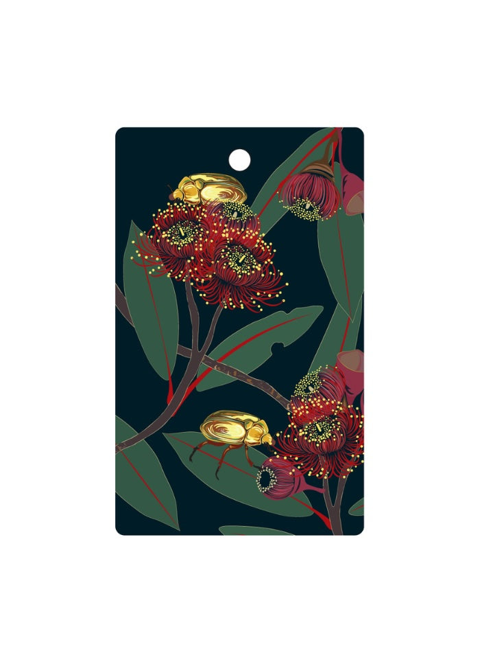 Decorative card with red flowers and gold insects on a dark background