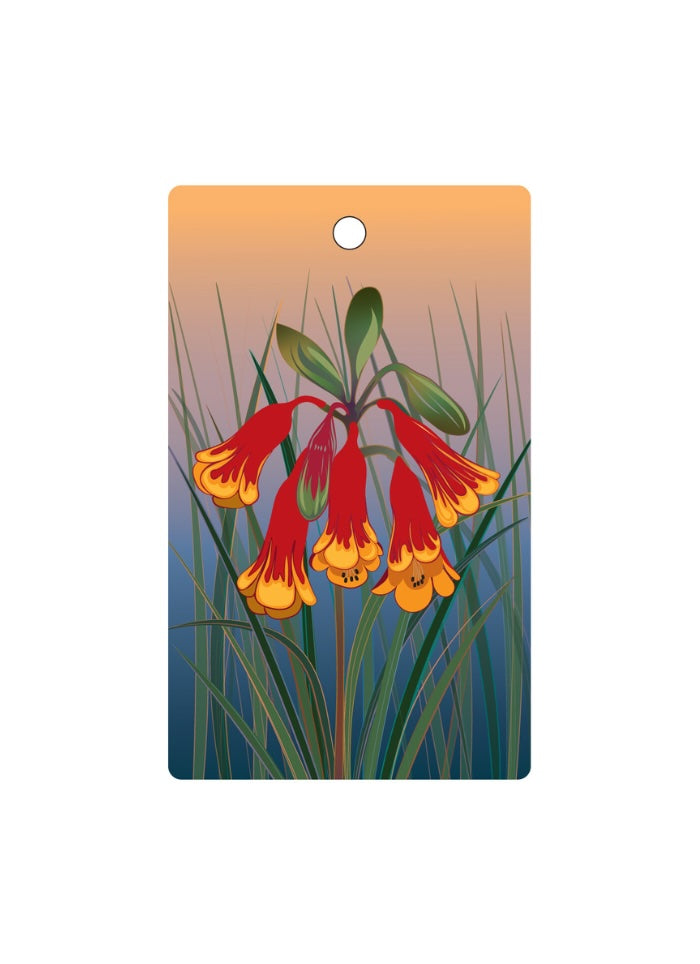 Decorative tag with red and yellow flowers on a gradient background