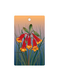 Decorative tag with red and yellow flowers on a gradient background