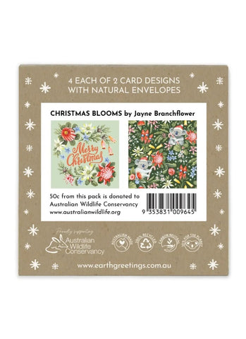 Packaging of Christmas-themed greeting cards with floral designs and donation information to Australian Wildlife Conservancy.