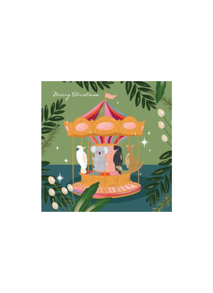 A square Christmas greeting card or print featuring an illustrated carousel with animals, surrounded by green leaves and white berries on a muted green background. The words 'Merry Christmas' appear at the top left.