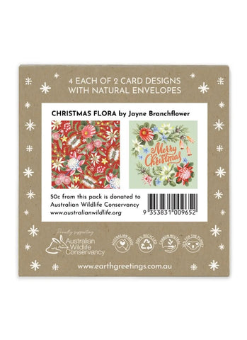 Packaging of Christmas greeting cards with floral designs and donation information to Australian Wildlife Conservancy.