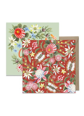 Two floral greeting cards with different color schemes on a white background.