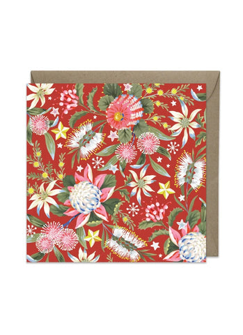 Floral patterned card with a brown envelope on a white background