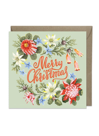 Christmas card with floral design and 'Merry Christmas' text on a light green background.