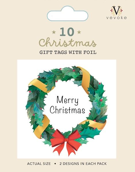 A packet of 10 Christmas gift tags with foil showing a tag with a green wreath with red and gold ribbon and the words merry Christmas.