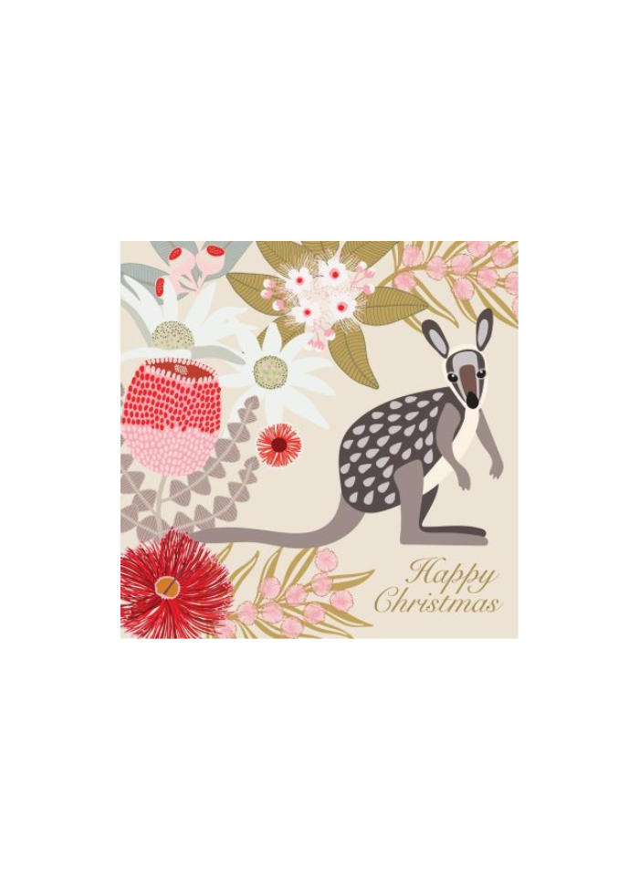 A square Christmas card with a Kangaroo on a beige background and native flowers in reds and pinks.
