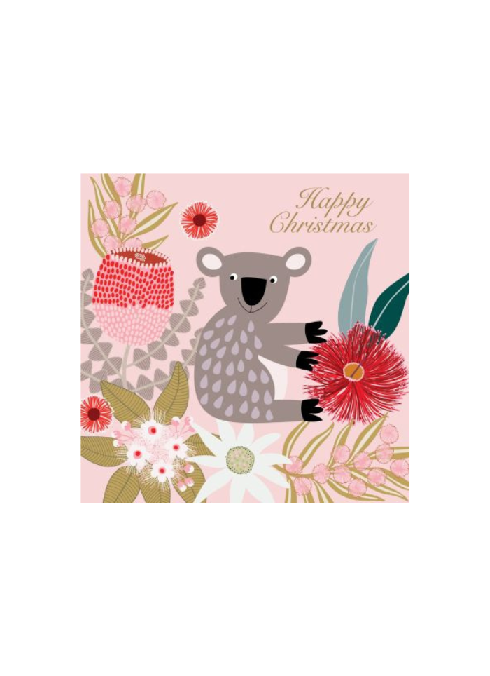 A square Christmas card with a grey koala on a pale pink background with native flowers in pink and reds.