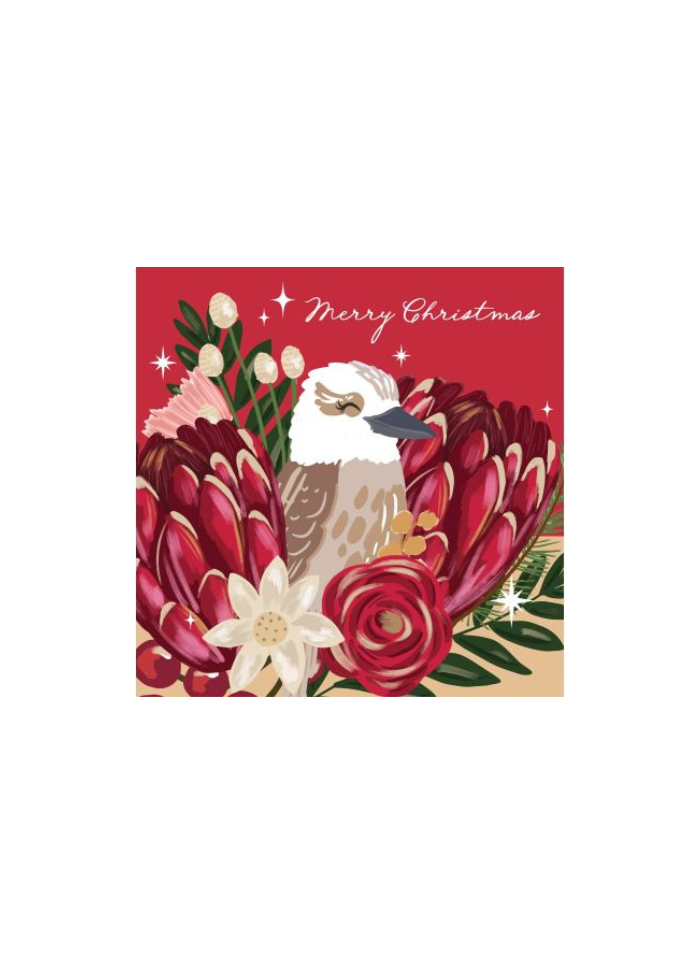 A square red card with a kookaburra among protea flowers in red and green