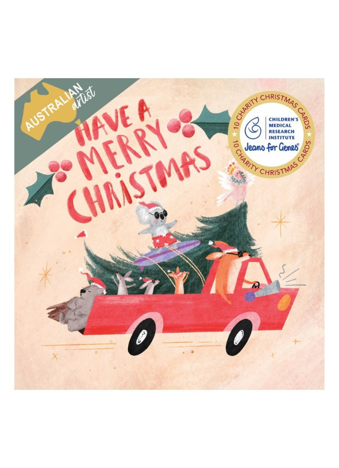 Christmas card with a red car, Santa, and animals driving with a Christmas tree, featuring 'Have a Merry Christmas' text.