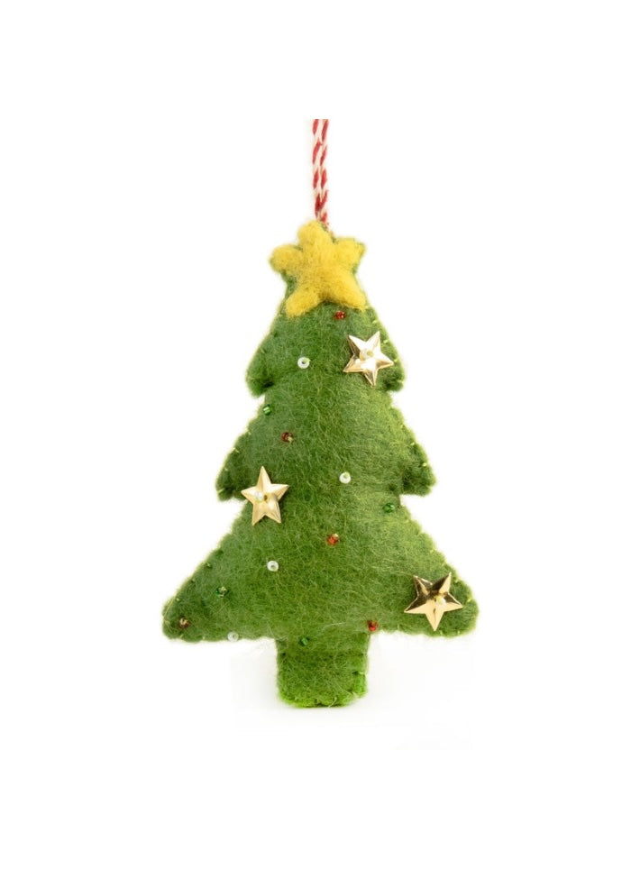 A green Christmas tree with gold stars on a white background