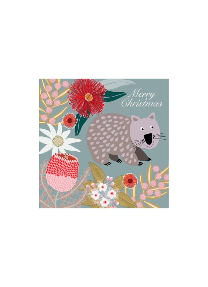 A square Christmas card with a grey wombat on a blue grey background and native flowers.