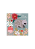 A square Christmas card with a grey wombat on a blue grey background and native flowers.