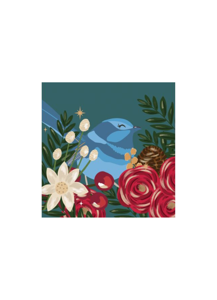 Square card with a blue wren on a green background with white, red and green flowers