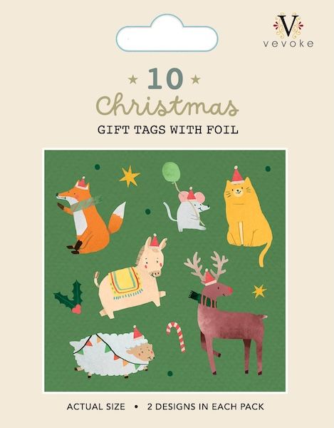 Packaging with a green gift tag a=with animals on it and the words 10 Christmas gift tags with foil.