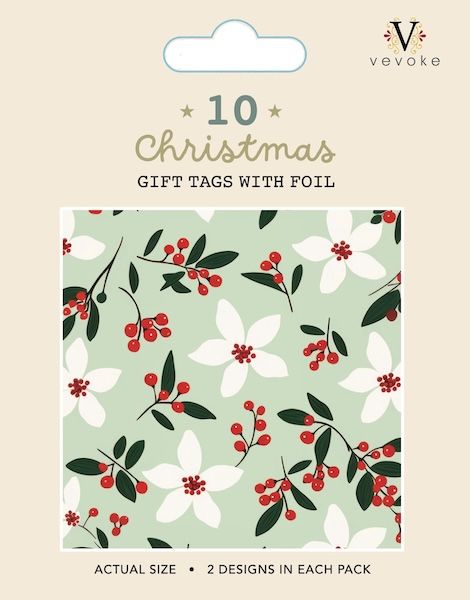 Packet of 10 Christmas gift tags with foil and a tag with green, red and white foliage and flowers.